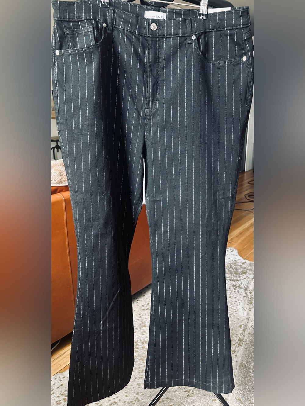 LOFT  Black Silver Metallic  Pinstripe Flare Jeans